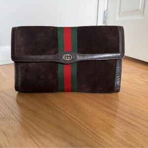 Vintage Gucci Chocolate Brown Suede Clutch with Green and Red Stripe